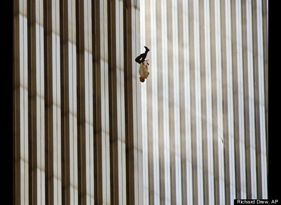 A person falls from the north tower of New York's World Trade Center Tuesday Sept. 11, 2001 after terrorists crashed two hija