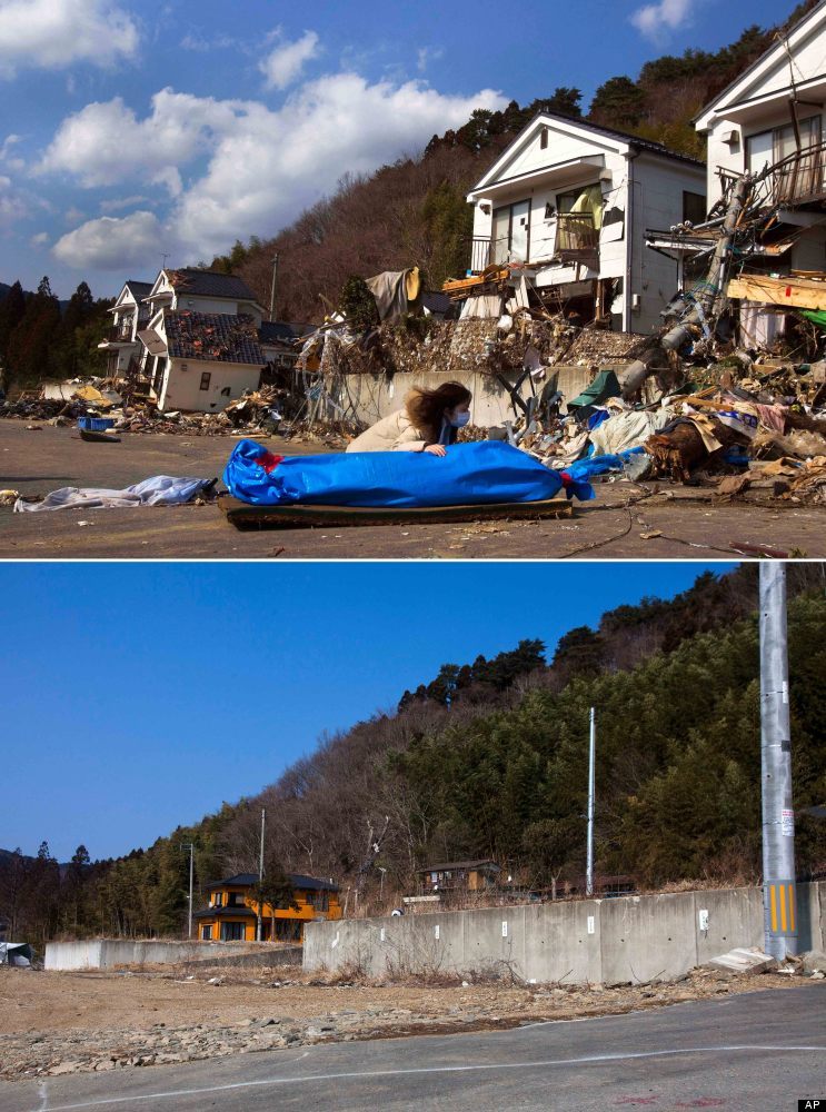 In this combination photo, Tayo Kitamura, 40, kneels in the street to caress and talk to the wrapped body of her mother Kunik
