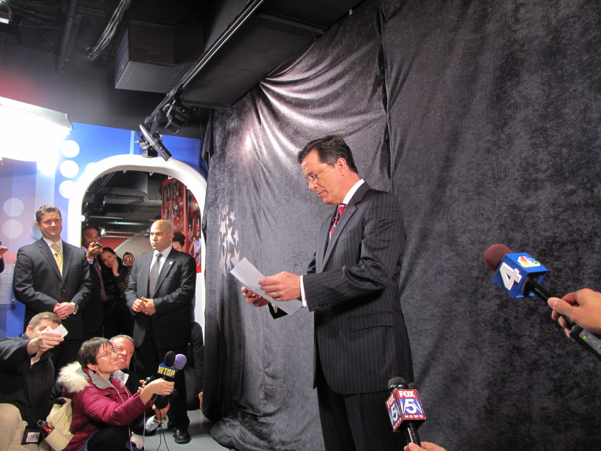 Stephen Colbert speaks to the press before his Madame Tussauds unveiling. 