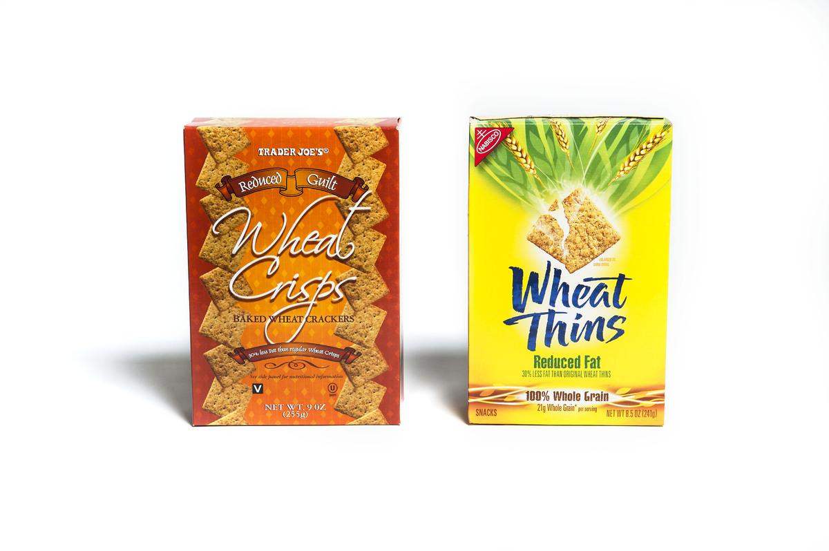 <b>Price:</b> Trader Joe's $2.29, Wheat Thins $4.79<br><br><b>Comments:</b> "They look different but taste almost exactly the