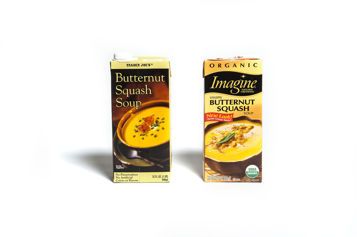 <b>Price:</b> Trader Joe's $2.79, Imagine $4.99<br><br><b>Comments:</b> "[Imagine] tastes like it's actually made of squash, 