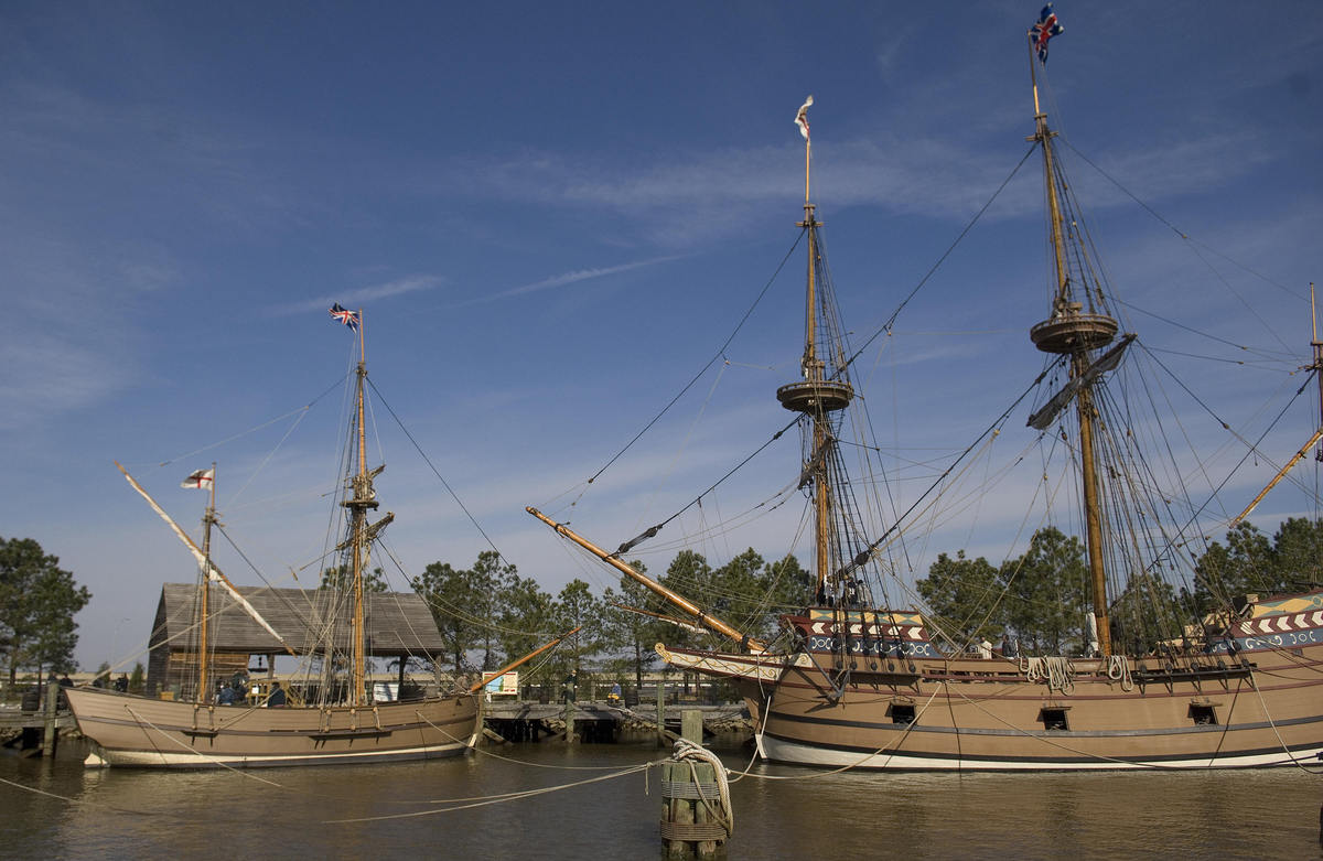Jamestown, the birth of a nation 400 years ago.  The ships Discovery, (L), and the Susan Constant, (R), are moored to a pier 