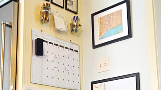 Charlotte Smith, who runs the lifestyle blog Ciburbanity, created an organizational hub to make getting ready each morning easier. Four sturdy wood pockets organize bills, magazines and other mail, while a dry-erase board lets everyone see upcoming meetings at a glance. A plastic brochure caddy is just the right size for storing grocery-list notepads, and a mason jar attached to the wall means you're never rummaging through a junk drawer for a pen.