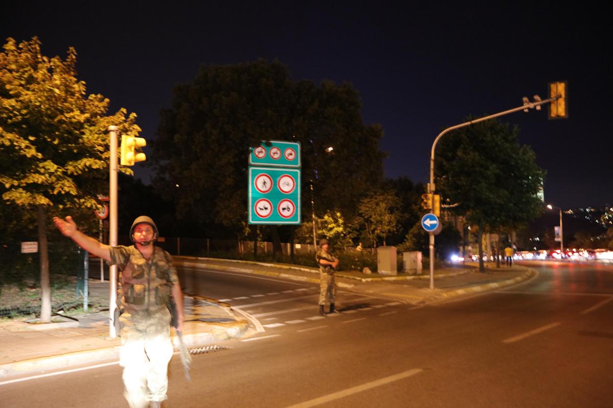 Turkish military block access to the Bosphorus bridge, which links the city's European and Asian sides, in Istanbul, Turkey, 