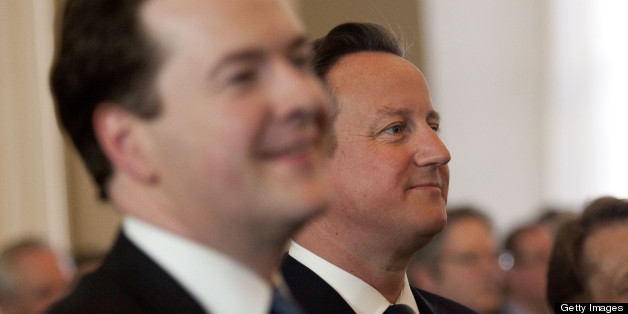 LONDON, ENGLAND - APRIL 23: (EXCLUSIVE COVERAGE) Britian's Chancellor of the Exchequer George Osborne and British Prime Minister David Cameron attend the launch of 'Margaret Thatcher - The Authorised Biography, Volume One: Not for Turning' by Charles Moore at Banqueting House on April 23, 2013 in London, England. (Photo by David Levenson/Getty Images)