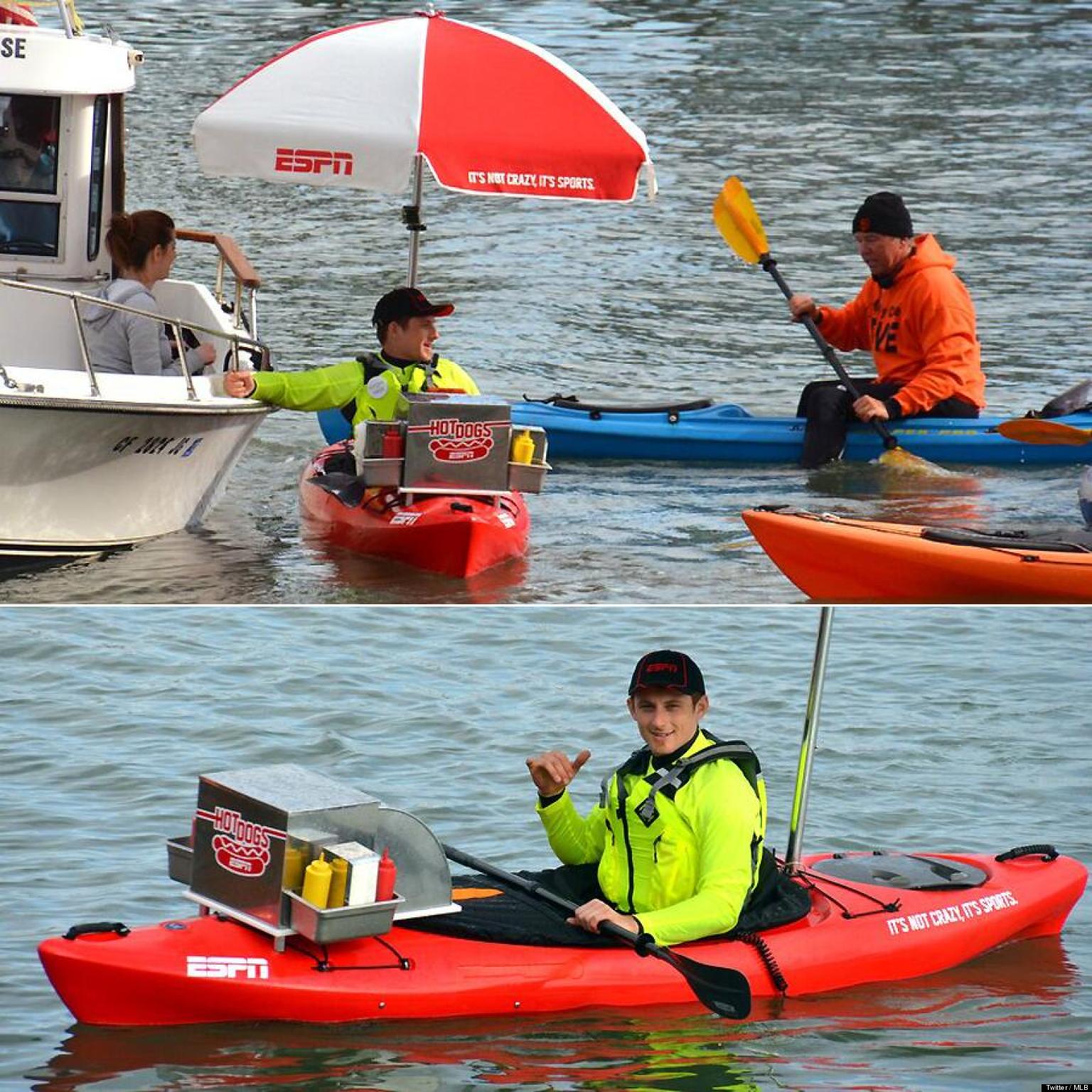 Hot Dog Kayak Serves Giants Fans In McCovey Cove Outside AT&T Park