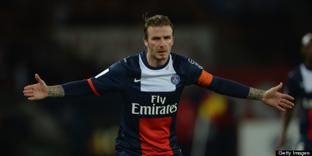 PARIS, FRANCE - MAY 18: David Beckham of PSG in action during the Ligue 1 match between Paris Saint-Germain FC and Stade Brestois 29 at Parc des Princes on May 18, 2013 in Paris, France. (Photo by Michael Regan/Getty Images)