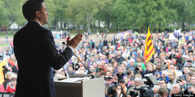LONDON, ENGLAND - OCTOBER 20: Leader of the Labour Party Ed Miliband addresses TUC members in Hyde Park at the end of a march in protest against the government's austerity measures on October 20, 2012 in London, England. Thousands of people are taking part in the Trades Union Congress (TUC) organised anti-cuts march that ends with a rally in Hyde Park, where Labour leader Ed Miliband is scheduled to address the demonstrators. (Photo by Anthony Devlin/WPA-Pool/Getty Images)
