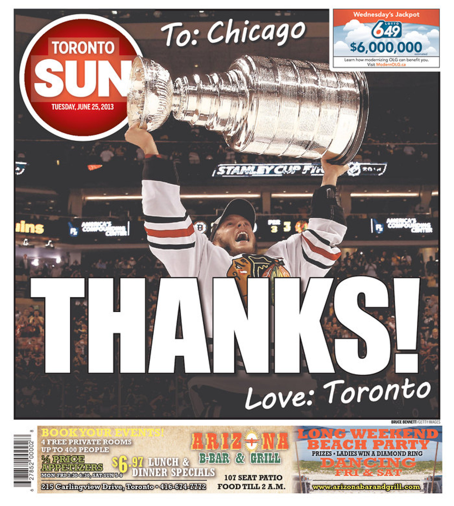 Toronto Sun Cover Says 'Thanks!' To Blackhawks For Beating Bruins In