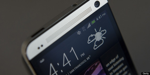 The HTC Corp. One smartphone is displayed for a photograph in San Francisco, California, U.S., on Thursday, April 11, 2013. The HTC Corp. One is among the initial handful of phones compatible with Facebook?s new Home software. Photographer: David Paul Morris/Bloomberg via Getty Images