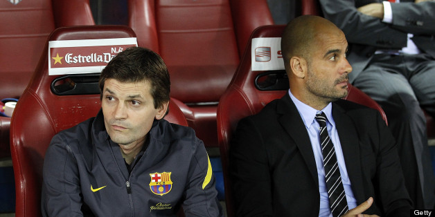 MADRID, SPAIN - MAY 25: Head coach Pep Guardiola (R) of Barcelona looks on beside his assistant Tito Vilanova during the Copa del Rey Final match between Athletic Bilbao and Barcelona at Vicente Calderon Stadium on May 25, 2012 in Madrid, Spain. (Photo by Angel Martinez/Getty Images)