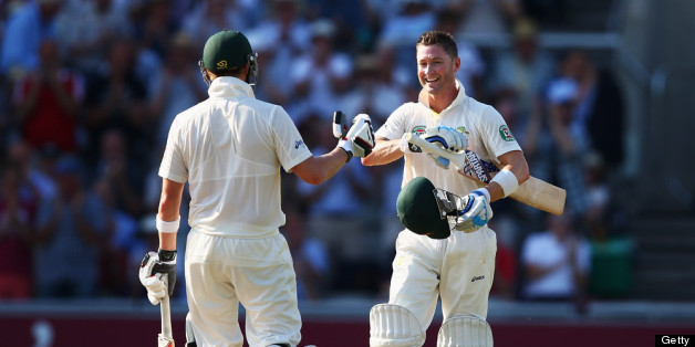 MANCHESTER, ENGLAND - AUGUST 01: Michael Clarke of Australia celebrates his century with Steve Smith during day one of the 3rd Investec Ashes Test match between England and Australia at Old Trafford Cricket Ground on August 1, 2013 in Manchester, England. (Photo by Michael Steele/Getty Images)