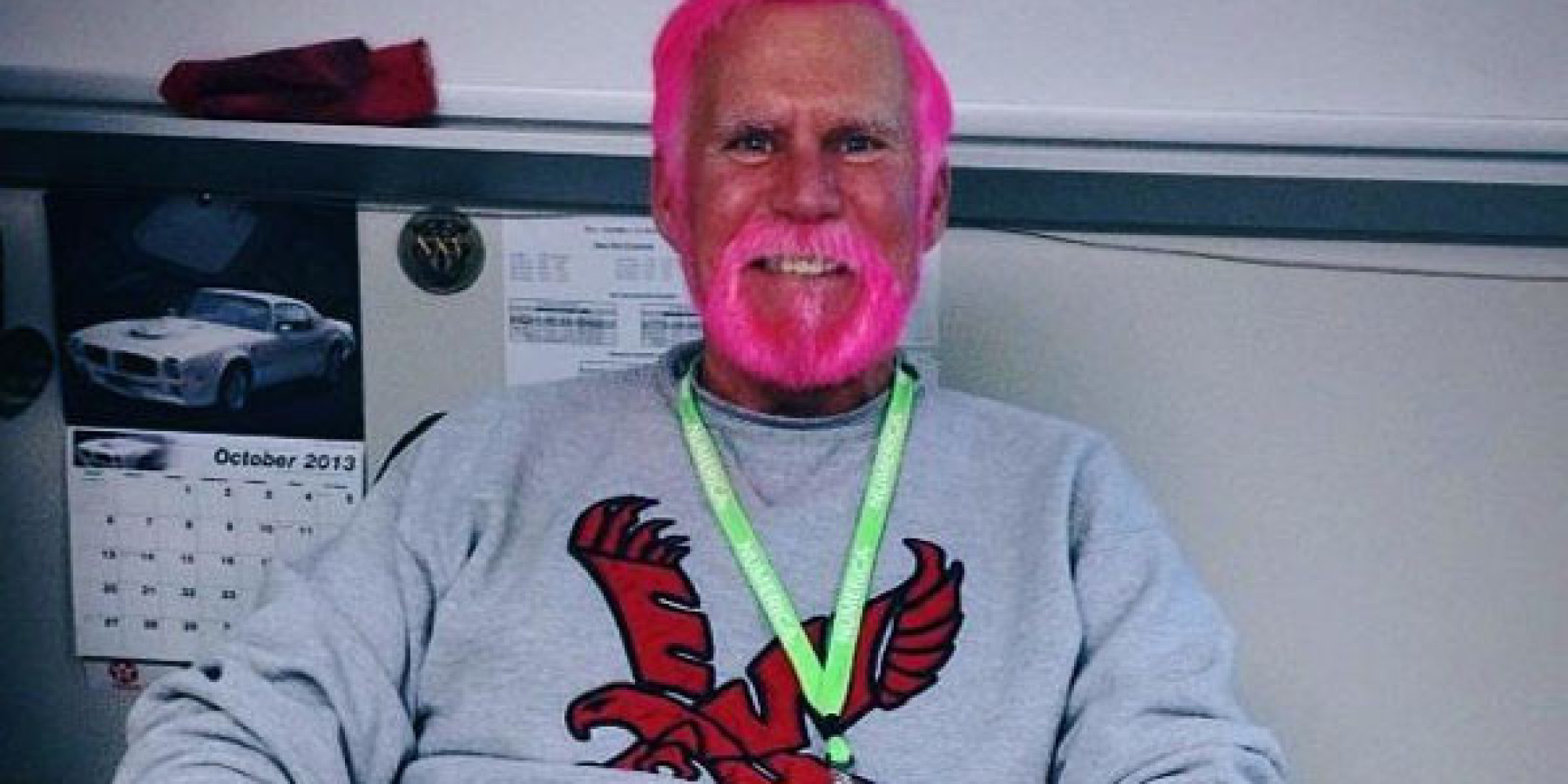 Coolest Teacher Ever Dyes Hair, Beard Pink For Breast Cancer Awareness