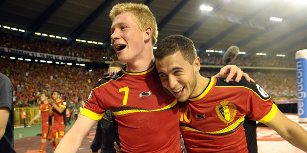 BRUSSELS, BELGIUM - JUNE 07: Kevin De Bruyne of Belgium and Eden Hazard of Belgium celebrates the win during the FIFA 2014 World Cup Group A qualifying match between Belgium and Serbia at the King Baudouin stadium on June 07, 2013 in Brussels, Belgium. (Photo by Nico Vereecken / Photonews via Getty Images)