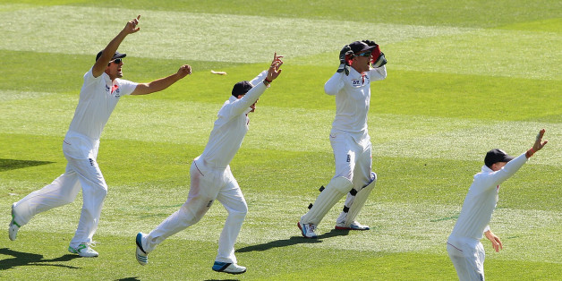 MELBOURNE, AUSTRALIA - DECEMBER 27: Jonny Bairstow of England celebrates with team-mates after taking a catch to dismiss George Bailey of Australia during day two of the Fourth Ashes Test Match between Australia and England at Melbourne Cricket Ground on December 27, 2013 in Melbourne, Australia. (Photo by Robert Prezioso/Getty Images)