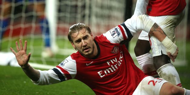Arsenal's Nicklas Bendtner celebrates scoring during the Barclays Premier League match at the Emirates Stadium, London.