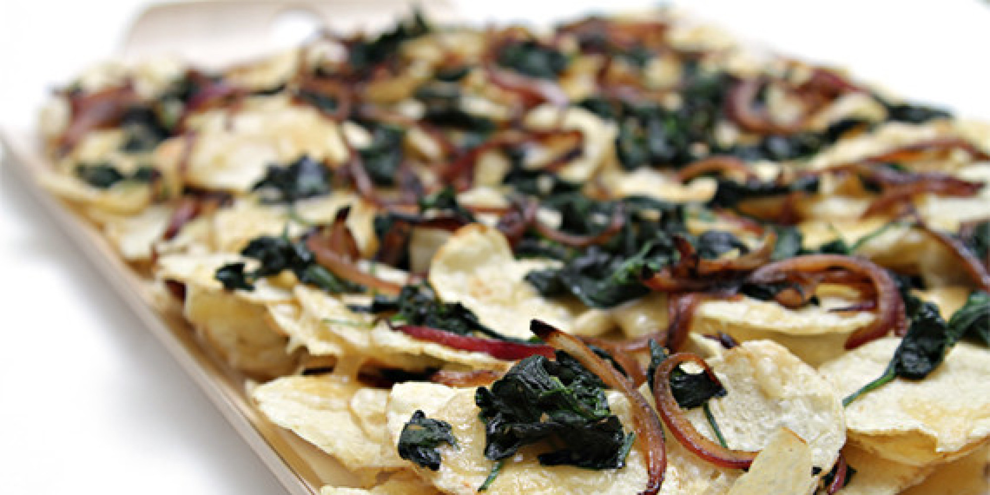 Potato "Nachos" With Smoked Raclette, Wilted Spinach and Caramelized ...