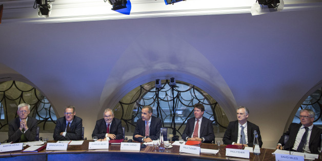 L-R) Martin Weale, a monetary policy committee member at the Bank of England, Spencer Dale, chief economist at the Bank of England, Charles Bean, deputy governor of the Bank of England, Mark Carney, governor of the Bank of England, Paul Tucker, outgoing deputy governor of the Bank of England, Paul Fisher, markets director at the Bank of England, David Miles, a monetary policy committee member at the Bank of England, attend a monetary policy committee (MPC) briefing inside the central bank's head
