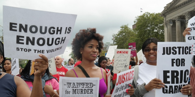 People gather to protest the killing of Eric Garner in New York on Aug. 24. Garner, 43, died on July 17 as cops tried to cuff him for allegedly selling bootleg cigarettes on a Staten Island sidewalk.