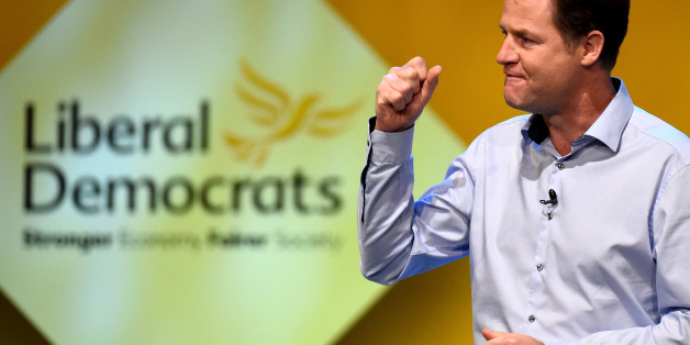 GLASGOW, SCOTLAND - OCTOBER 04: Nick Clegg, Deputy Prime Minister and leader of the Liberal Democrats, addresses delegates at an evening rally during the partys autumn conference on October 4, 2014 in Glasgow, Scotland. Liberal Democrat activists and supporters are gathering in the city for their final conference before the general election. (Photo by Jeff J Mitchell/Getty Images)