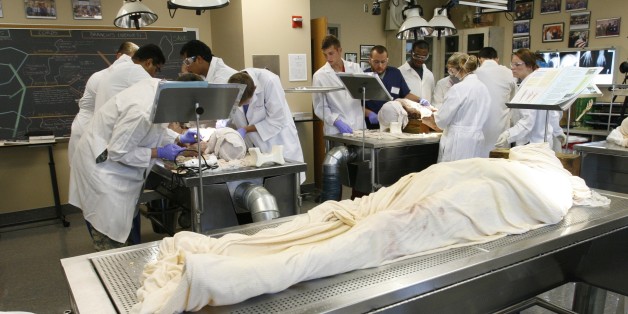 In this July 30, 2014 photo, doctors, nurses and prospective medical students work in the gross anatomy lab during the 2014 International Human Cadaver Prosection Program at the medical school at Indiana University Northwest in Gary, Ind. The group prepares the cadavers for the school's incoming medical class, including a high school student named Johntrell Bowles, who applied for the program because he'd like to be a doctor one day. (AP Photo/Martha Irvine)