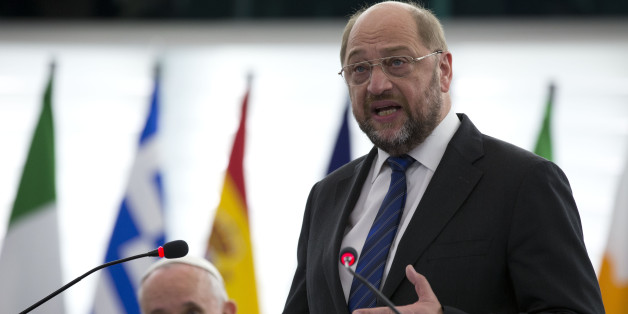 President Martin Schulz speaks at the European Parliament in Strasbourg, France, Tuesday, Nov. 25, 2014. Pope Francis has demanded Europe craft a unified and fair immigration policy, saying the thousands of refugees coming ashore need acceptance and assistance, not self-interested policies that risk lives and fuel social conflict. Francis made the comments Tuesday to the European Parliament during a brief visit meant to highlight his vision for Europe a quarter-century after St. John Paul II travelled to Strasbourg to address a continent still divided by the Iron Curtain. (AP Photo/Andrew Medichini)