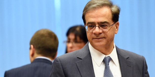 Greece's Finance Minister Gikas Hardouvelis attends an Eurogroup meeting at the EU headquarters at the Kirchberg Conference Centre in Luxembourg, on October 13, 2014. AFP PHOTO/EMMANUEL DUNAND (Photo credit should read EMMANUEL DUNAND/AFP/Getty Images)