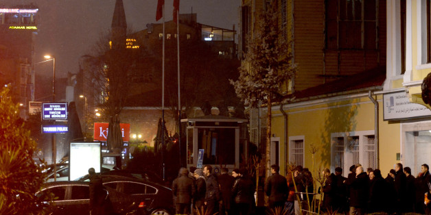 ISTANBUL, TURKEY - JANUARY 06: Police officers take security measures near the scene where a woman reportedly blew herself up at a patrol in Istanbul's main tourist area Sultanahmet, which is the home of world famous attractions including the Blue Mosque and Aga Sophia Museum, leaving one police officer dead and one injured in Turkeys Istanbul on Tuesday, January 06, 2015. (Photo by Islam Yakut/Anadolu Agency/Getty Images)