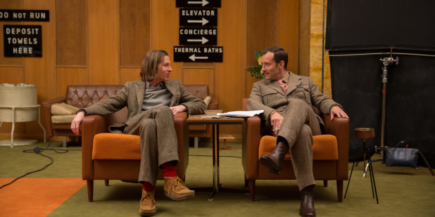 This image released by Fox Searchlight shows director Wes Anderson, left, with Jude Law on the set of "The Grand Budapest Hotel ." (AP Photo/Fox Searchlight, Martin Scali)