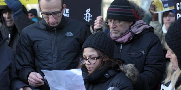 Ensaf Haidar, femme du blogueur Raef Badawi, demande sa libération lors d'un rassemblement de soutien organisé à Montréal, le 13 janvier 2015