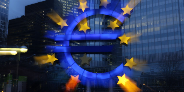 FRANKFURT AM MAIN, GERMANY - JANUARY 21: The symbol of the Euro, the currency of the Eurozone, stands illuminated on January 21, 2015 in Frankfurt, Germany. The European Central Bank (ECB) is schedule to meet tomorrow and announce a large-scale bond buying program. The Euro has dropped sharply against the U.S. dollar in recent months. (Photo by Hannelore Foerster/Getty Images)