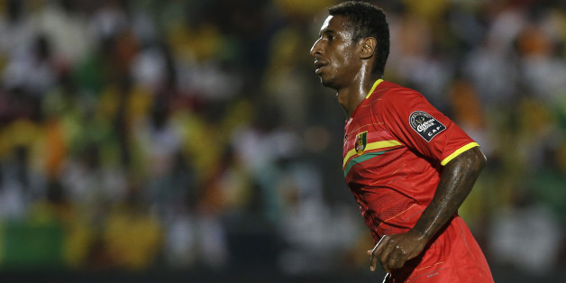 Guinea's Kevin Constant looks on after scoring a goal from a penalty spot during their African Cup of Nations Group C soccer match against Mali in Mongomo, Equatorial Guinea, Tuesday, Jan. 27, 2015. (AP Photo/Themba Hadebe)
