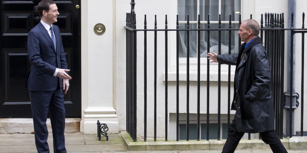 Britain's Finance Minister George Osborne (L) meets Greek Finance Minister Yanis Varoufakis outside 11 Downing Street in London on February 2, 2015. Greek Finance Minister Yanis Varoufakis was Monday set for talks with his British counterpart as he seeks to build support for a renegotiation of his country's 240-billion-euro ($270-billion) bailout in the face of German opposition. AFP PHOTO / JUSTIN TALLIS (Photo credit should read JUSTIN TALLIS/AFP/Getty Images)