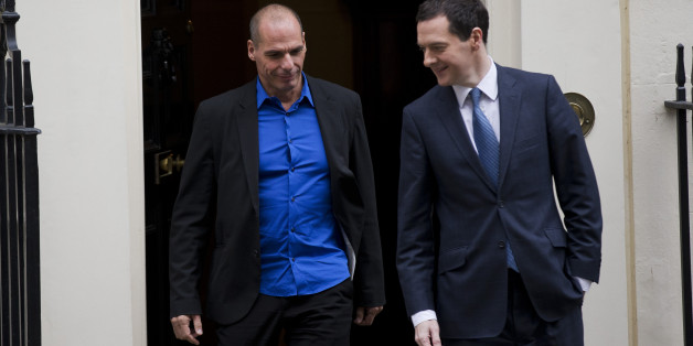 British Finance Minister George Osborne, right, walks out to bid farewell to Greece's new finance minister Yanis Varoufakis after their meeting at 11 Downing Street in London, Monday, Feb. 2, 2015. France's Socialist government offered support Sunday for Greece's efforts to renegotiate debt for its huge bailout plan, amid renewed fears about Europe's economic stability. The backing was a victory for Varoufakis, striking a more conciliatory tone as he seeks new conditions on debt from creditors