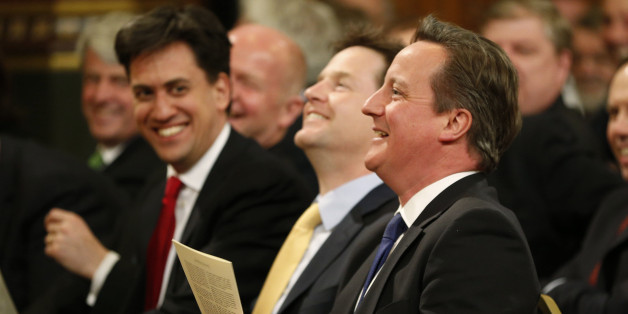 Britain's Prime Minister David Cameron, right, accompanied by Labour party leader Ed Miliband, left, and Deputy Prime Minister Nick Clegg, centre, laugh as they wait for the arrival of Irish President Michael D. Higgins to deliver a speech at the Houses of Parliament in London, Tuesday, April 8, 2014. The state visit by President Michael D. Higgins is the first by an Irish head of state since Ireland threw off British rule and its monarchy a century ago, and this visit is seen as a sign of how Northern Ireland's peace process has transformed relations between two one-time enemies. Higgins said that while it was impossible to "wipe the slate clean" about the past, relations between the two countries are good. (AP Photo/Lefteris Pitarakis)