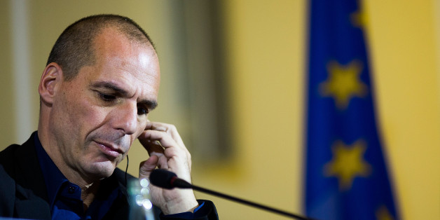 BERLIN, GERMANY - FEBRUARY 05: New Greek Finance Minister Yanis Varoufakis attends a press conference with German Finance Minister Wolfgang Schaeuble following talks on February 5, 2015 in Berlin, Germany. Varoufakis is touring several European cities and yesterday met with Mario Draghi at the European Central Bank following announcements by the new Greek government to sharply alter its relationship with the troika of loan-giving entities. (Photo by Carsten Koall/Getty Images)