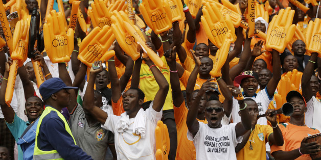 Ivory Coast soccer fans sing before their African Cup of Nations final soccer match with Ghana in Bata, Equatorial Guinea, Sunday, Feb. 8, 2015. (AP Photo/Sunday Alamba)