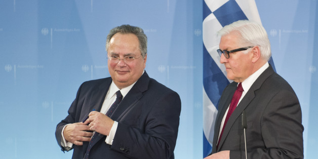 BERLIN, GERMANY - FEBRUARY 10: German Foreign Minister Frank-Walter Steinmeier (R) and Nikos Kotzias, Foreign Minister of Greece, meet in Foreign Office on February 10, 2015 in Berlin, Germany. (Photo by Michael Gottschalk/Photothek via Getty Images)