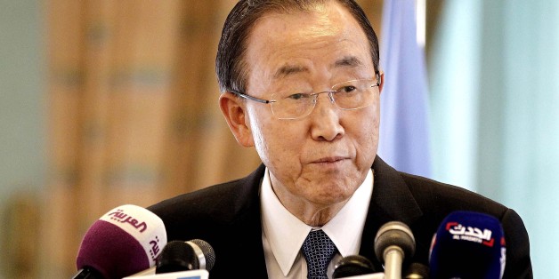 United Nations Secretary General Ban Ki-Moon speaks during a press conference with King Salman bin Abdul-Aziz Al Saud in Riyadh, Saudi Arabia, Sunday, Feb. 8, 2015. (AP Photo)