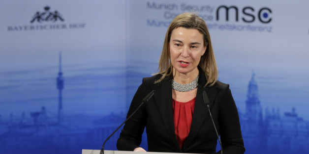 Federica Mogherini, High Representative of the European Union for Foreign Affairs and Security Policy delivers a speech at the 51. Security Conference in Munich, Germany, Sunday, Feb. 8, 2015. (AP Photo/Matthias Schrader)
