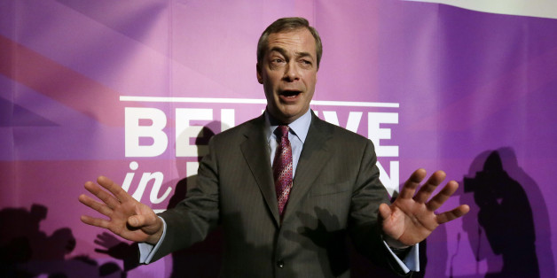 FILE - In this Thursday, Feb. 12, 2015 file photo, UK Independence Party (UKIP) leader Nigel Farage leaves the stage after delivering his first major speech of UKIP's 2015 general election campaign at the Movie Starr Cinema on Canvey Island, England. Britain's general election will be held on Thursday, May 7. (AP Photo/Tim Ireland, File)