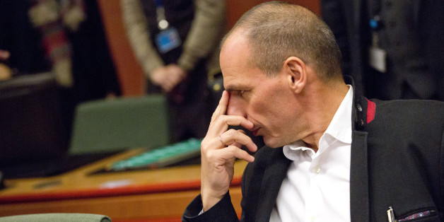 Greek Finance Minister Yanis Varoufakis waits for the start of a round table meeting of eurogroup finance ministers in Brussels on Friday, Feb. 20, 2015. Eurozone finance ministers meet for a crucial day of talks Friday to see whether a Greek debt relief proposal is acceptable to Germany and other nations using the common currency. (AP Photo/Virginia Mayo)