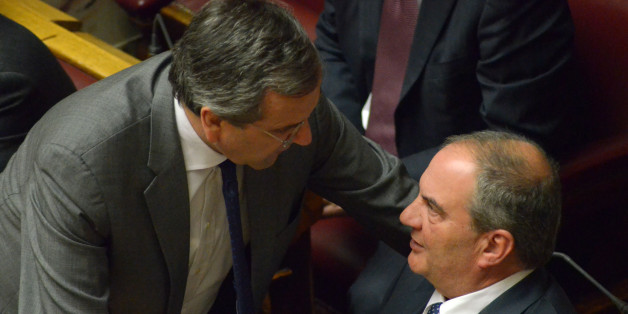 ATHENS, GREECE - 2015/02/18: Former Prime Minister Antonis Samaras (left) talks with MP with New Democracy Konstantinos Karamanlis(r).Legislators of the Greek parliament voted for the new President of the Greek Democracy.
From the 295 present 233 voted for the Center Right Moderate candidate Prokopis Pavlopoulos that was nominated by SYRIZA political party. (Photo by George Panagakis/Pacific Press/LightRocket via Getty Images)