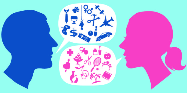 Male and female profile with speech bubbles, filled with symbols of stereotypical men and women interests. Vector illustration