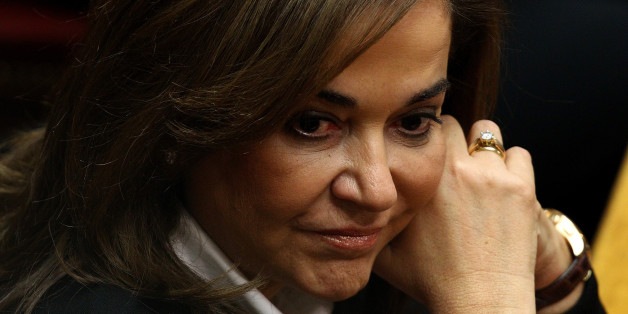 ATHENS, GREECE - NOVEMBER 16: Leader of the conservative party Dimokratiki Symmachia (Democratic Alliance) Dora Bakogianni looks on during a confidence vote on November 16, 2011 in Athens, Greece. Prime Minister Lucas Papademos and his government won a confidence vote in parliament today. The vote means that budgetary measures can now be pushed through, measures which are essential if Greece is to receive a bailout from Euro partners. (Photo by Vladimir Rys/Getty Images)