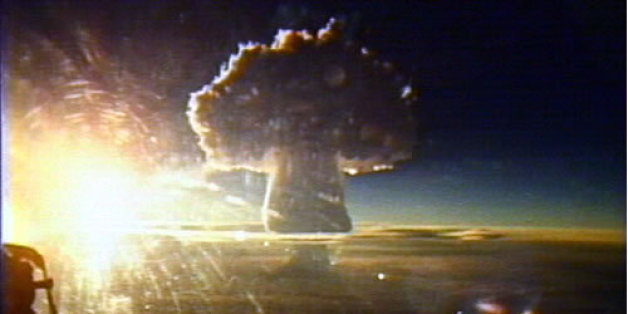 The mushroom cloud of Tsar Bomba, the largest nuclear weapon ever detonated, with a yield of approximately 60 megatons.The cloud reached nearly 64 kilometers into the sky.You want more detail than that, YOU go and read the damn Wikipedia page.I'm uploading this because I think the image is amazing, and these types of things have a habit of appearing and disappearing on the internets.