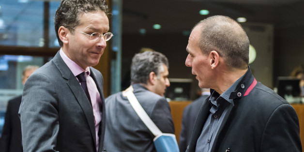 Greece's Finance Minister Yanis Varoufakis, center, greets Dutch Finance Minister Jeroen Dijsselbloem, left, as Croatian Finance Minister Boris Lalovac looks on during a meeting of EU finance ministers at the EU Council building in Brussels Tuesday, Feb. 17, 2015. Greek shares led a European retreat Tuesday as investors reacted negatively to the breakdown in talks between Greece and its creditors in the 19-nation eurozone over the country's attempt to renegotiate its financial bailout. (AP Photo