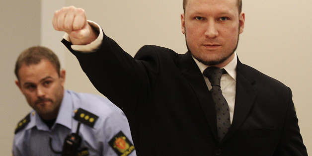 FILE - In this Aug. 24, 2012 file photo, mass murderer Anders Behring Breivik, makes a salute after arriving in the court room at a courthouse in Oslo. Breivik, who admitted killing 77 people in Norway last year, was declared sane and sentenced to prison for bomb and gun attacks. Convicted Norwegian mass-killer Breivik has threatened to go on hunger strike unless he gets access to better video games, a sofa and a larger gym. n a letter received by The Associated Press Tuesday Feb. 18, 2014, Br
