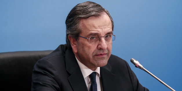 Antonis Samaras, Greece's prime minister, makes statements at Zappeion hall in Athens, Greece, on Sunday, Jan. 25, 2015. Greek voters go to the polls today in a general election that will decide whether Europe's most-indebted country sticks to the economic-overhaul program set out by its troika of official creditors or tries to chart its own course. Photographer: Yorgos Karahalis/Bloomberg via Getty Images