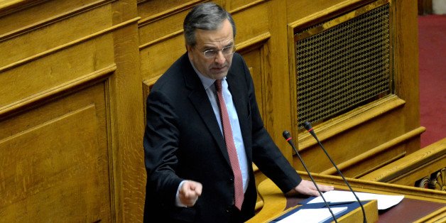 ATHENS, GREECE - 2015/02/10: Former Prime Minister and President of New Democracy Political party Antonis Samaras gives a speech. Greek Legislators voted in the Greek Parliament for a Vote of Confidence towards the Greek Government. Greek Coalition government of SYRIZA and Independent Greeks political parties won the majority of the votes 162 among 299 legislators that were present. (Photo by George Panagakis/Pacific Press/LightRocket via Getty Images)
